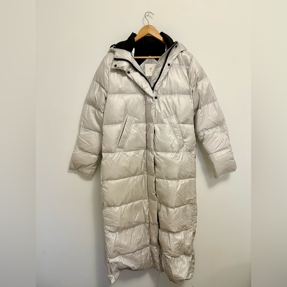 Long Silver Puffer Coat with Hood